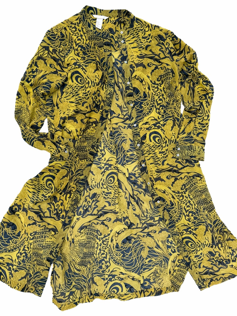 H&M Sheer Abstract Batik Button Down Midi Shirt Dress Duster Yellow Blue Sz 10